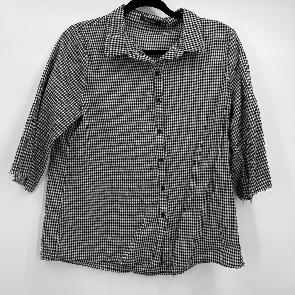 Doe & Rae Shirt Womens Medium Black White Gingham Button Front Cotton 3/4 Sleeve